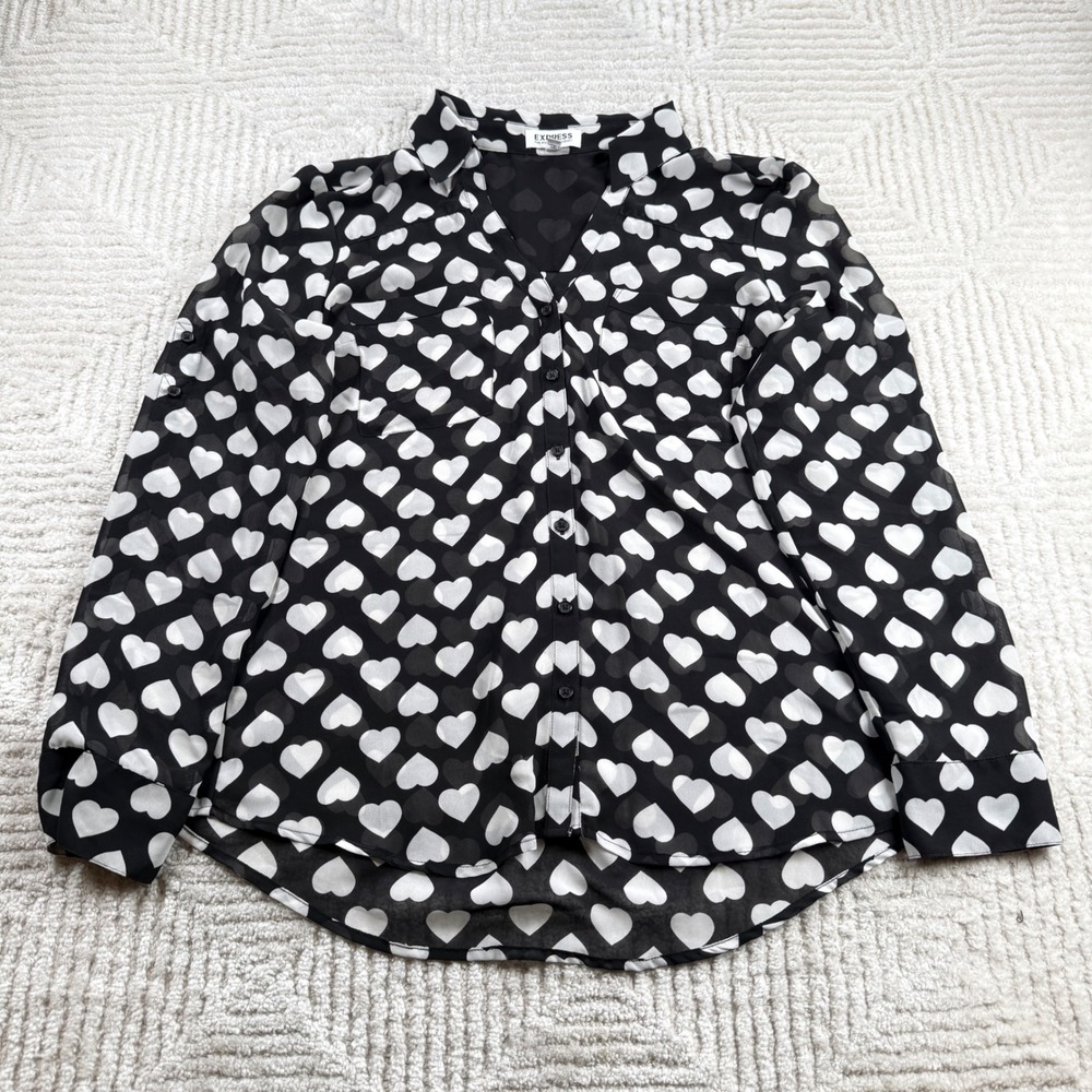 Express Portofino Shirt Women M Black Hearts Blouse Top Romantic Whimsigoth
AOP